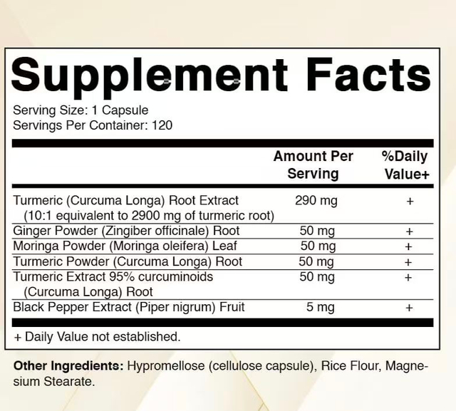 Gurkemejetilskud 10:1 svarende til 3000 mg pr. portion, indeholdende 95% curcumin, sort peber, ingef&aelig;r