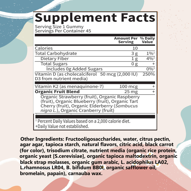 Vitamin D3 Bukan-GMO dan K2 Vegan Gummies dengan Vitamin dan Mineral